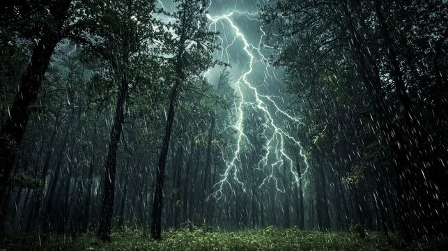 Intense Lightning Strike During Storm in Dense Forest Landscape