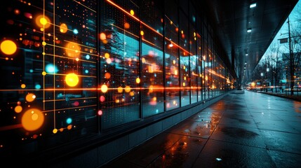 Obraz premium City street with digital data displayed on building facade, night scene, possible use for technology concepts