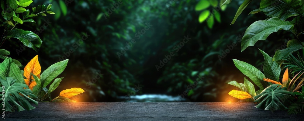Poster glow forest idea. lush green forest with vibrant leaves and a peaceful stream in a serene setting.
