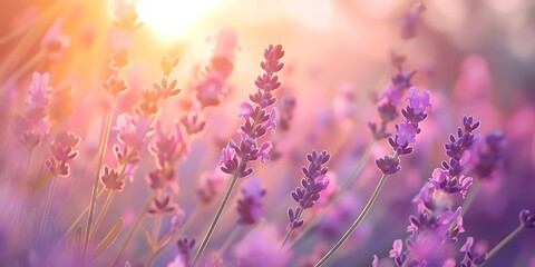 Obraz premium Lavender flowers in the rays of the setting sun. Nature background