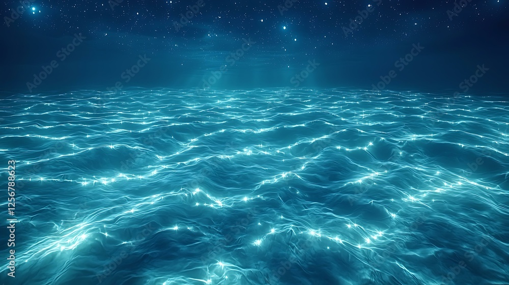 Wall mural marine crawl pattern illuminated ocean waves under starry sky with ethereal glow and tranquil atmosp