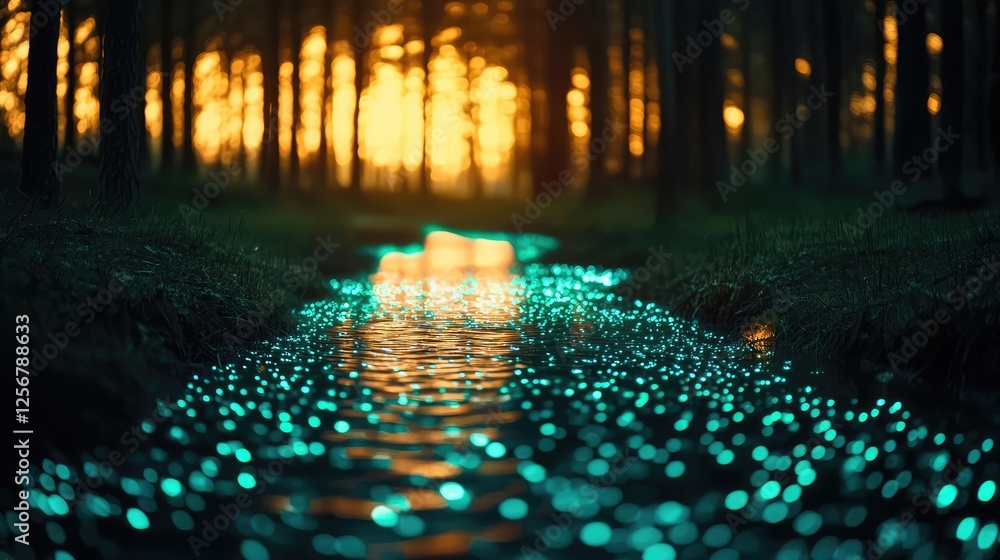 Aufkleber glow forest idea. a serene forest scene featuring a glowing stream under a sunset sky.