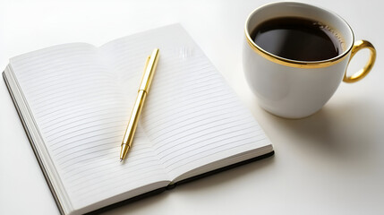 Workspace setup: Open notebook with gold pen and a cup of coffee on white desk. Ready for productivity.