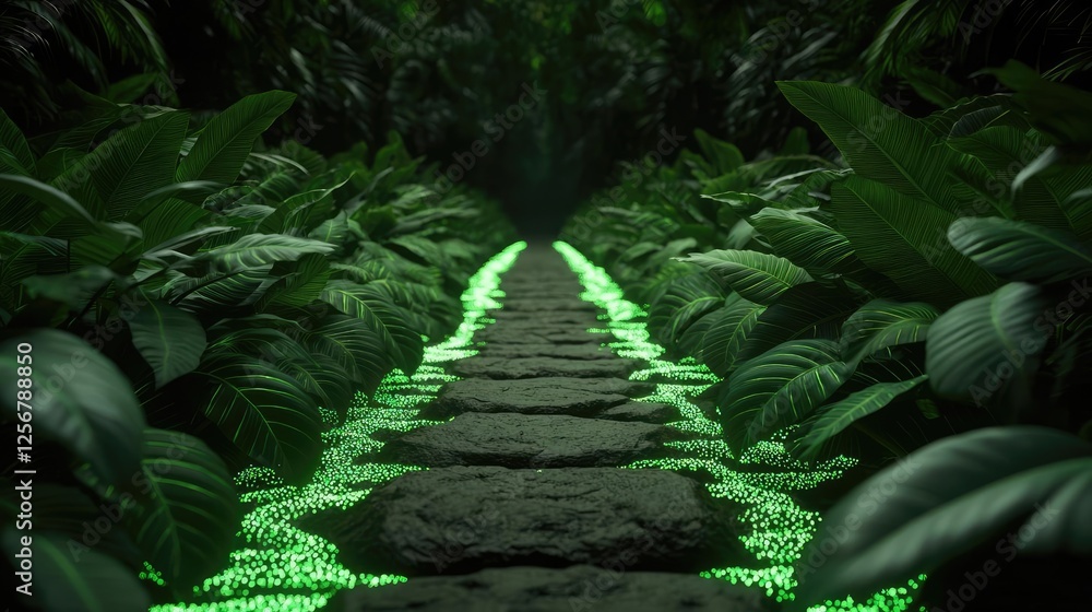 Poster glow forest concept. a serene pathway lined with glowing stones and lush greenery in a tranquil fore