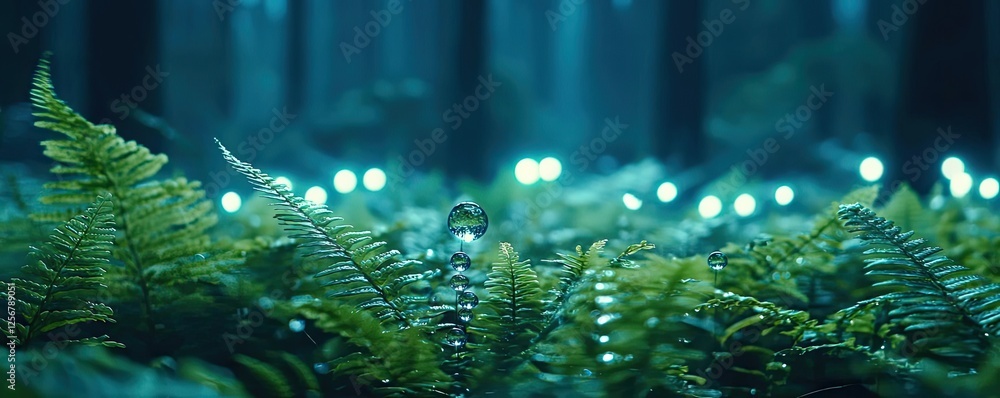 Poster glow forest concept. a serene forest floor with vibrant ferns illuminated by soft, magical lights.