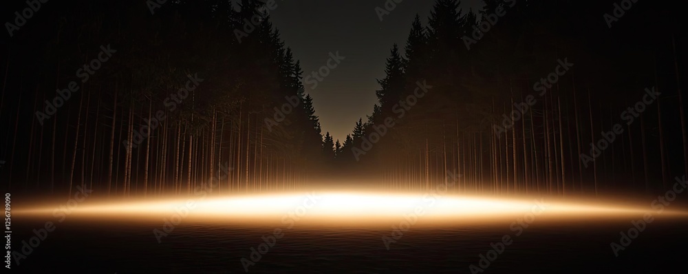 Poster glow forest concept. a serene forest landscape illuminated by a glowing light in the darkness.