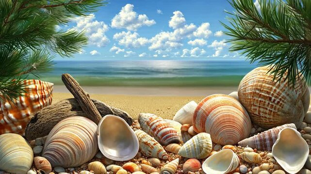Beautiful seaside with shells and clear water on a sunny day