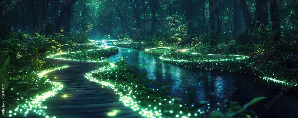 Aufkleber glow forest concept. mystical forest with glowing lights reflecting in a tranquil stream at night.