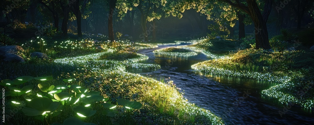 Poster glow forest concept. a serene forest scene with a winding stream and glowing flora.
