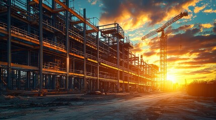 Sunset Over Construction Site with Cranes and Structures
