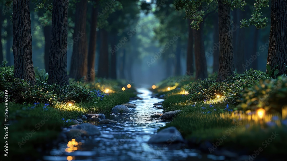 Aufkleber glow forest idea. a serene forest scene with a winding stream and glowing lights amongst the lush gr
