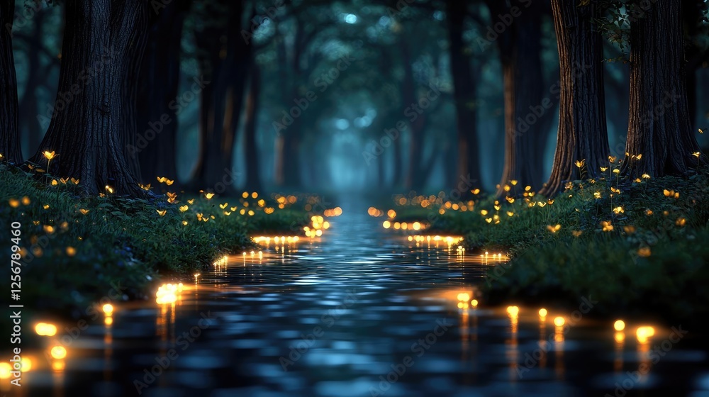 Aufkleber glow forest idea. a serene forest scene with glowing lights reflecting on a calm water surface.