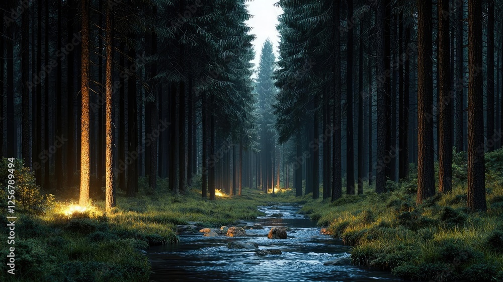 Poster glow forest idea. serene forest stream surrounded by tall trees, illuminated by soft, glowing lights