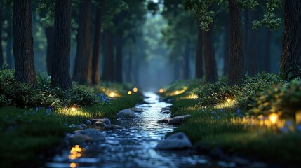 Obraz premium Glow forest idea. A serene forest scene with a winding stream and glowing lights amongst the lush greenery.