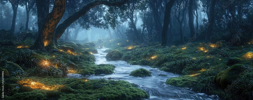 Poster Glow forest idea. Mysterious forest with glowing lights beside a tranquil stream in soft evening light.