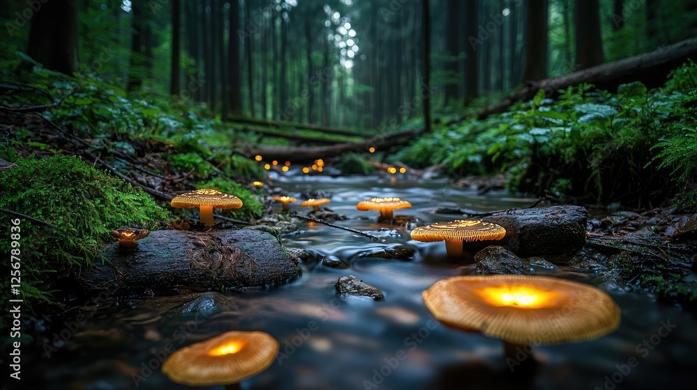 Poster glow forest concept. glowing mushrooms in a serene forest stream at twilight, capturing nature's bea