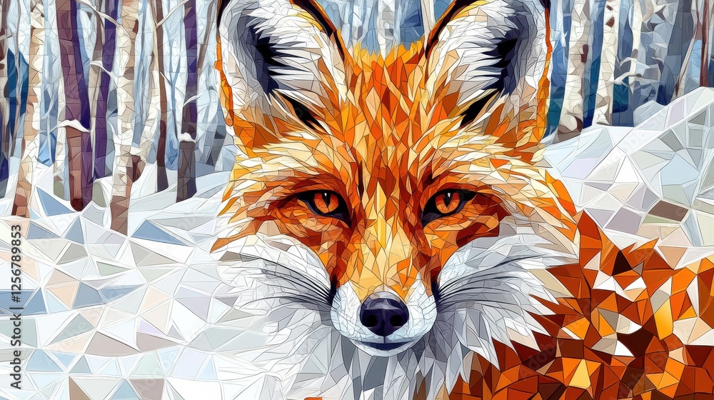 Poster mosaic fox portrait with intricate patterns in a snowy forest setting showcasing natures beauty and 