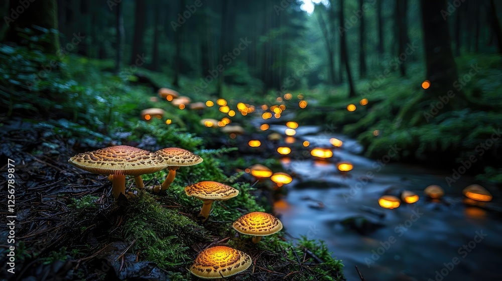 Leinwandbilder glow forest concept. glowing mushrooms by a serene stream in a mystical forest setting at twilight.