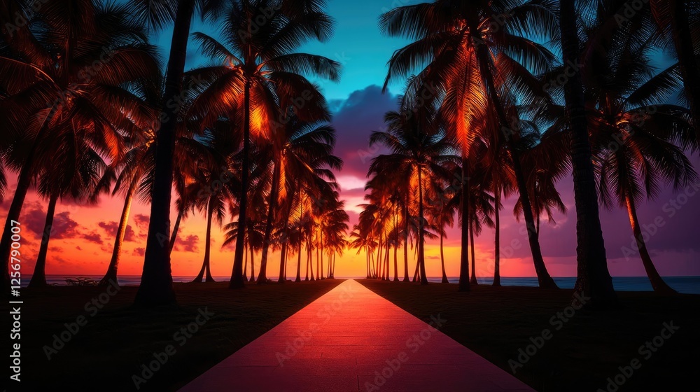 Aufkleber glow forest concept. a stunning sunset pathway lined with palm trees, creating a vibrant tropical sc