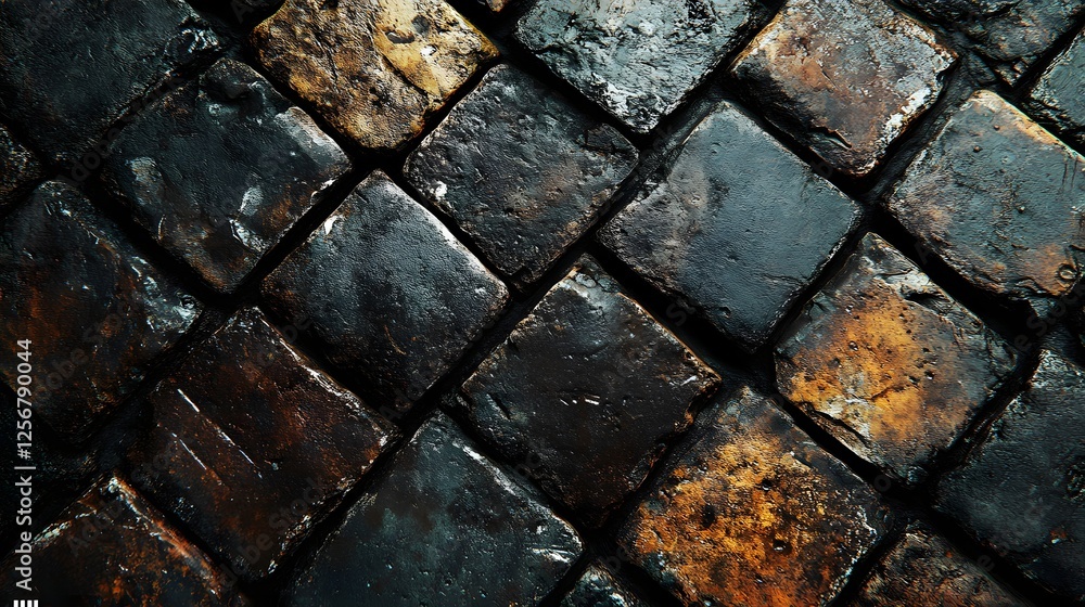 Poster Close-up of a dark stone pavement, showing the texture and pattern of the cobblestones. The colors are predominantly dark, with hints of brown and gold. Macro Texture Backgrounds.