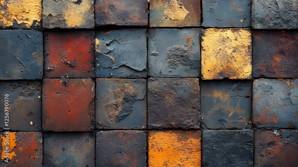 Aufkleber Close-up view of various colored tiles, showcasing a textured and rustic aesthetic. The tiles are weathered, giving a unique visual appeal. Macro Texture Backgrounds. Rustic Weathered Squares