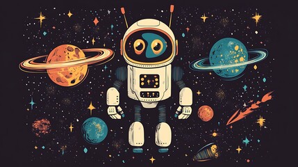 Cute robot in space with planets. Possible use Children's book illustration