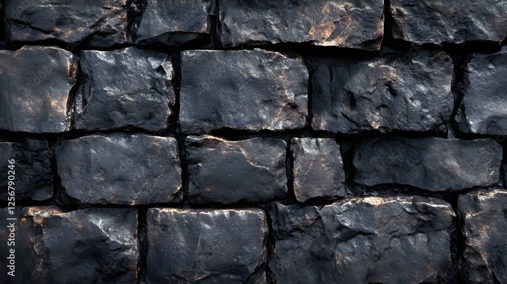 Poster close-up image of a dark stone wall. the texture is rough and the color is predominantly black. macr