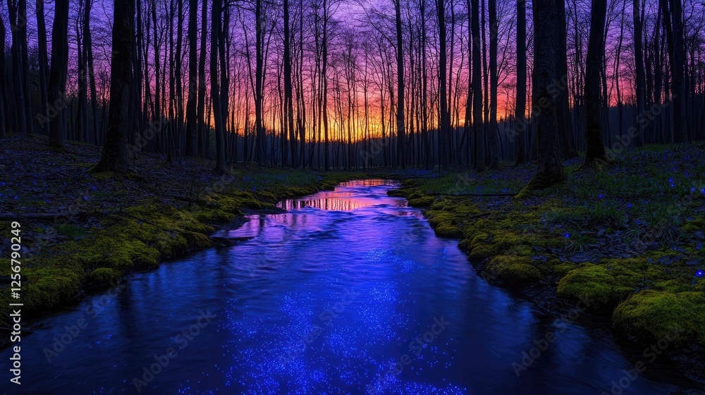 Poster glow forest concept. serene twilight scene of a winding stream through a tranquil forest landscape.