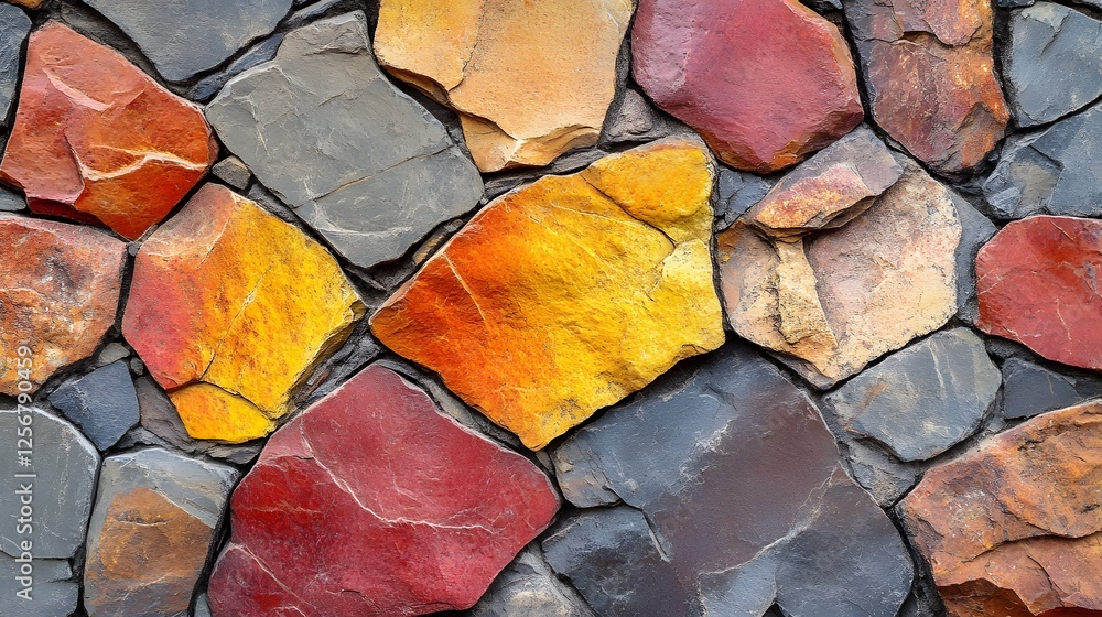 Poster close-up shot of a vibrant stone wall. various colors and textures create a beautiful natural patter