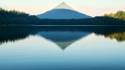 Fototapeta premium Tranquil Lake Reflection with Mountain Peak and Forest Surroundings