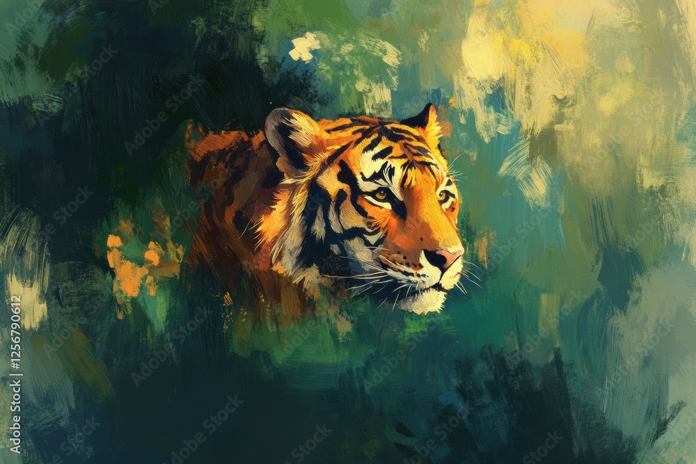 Poster Vibrant impressionist portrait of a tiger in a lush jungle setting with space for creative text integration. Generative AI