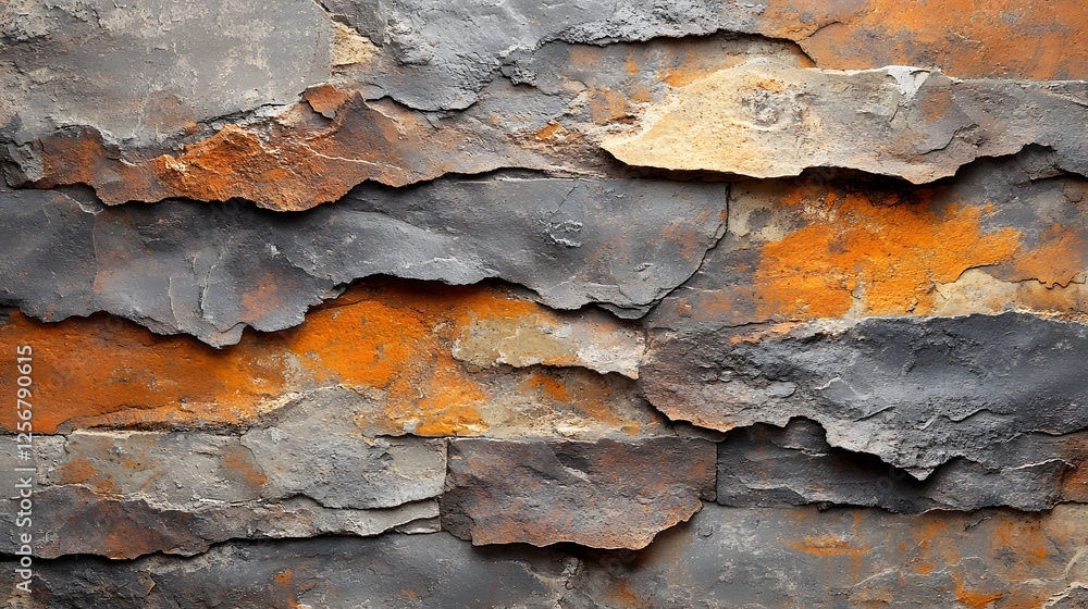 Poster image showcasing a rustic stone wall texture, featuring a blend of grey, orange, and brown tones. id