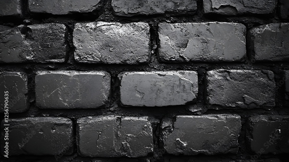 Poster a close-up shot of a dark brick wall. the texture is rough and the color is predominantly black and 