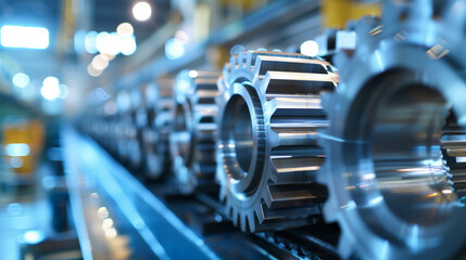 Fototapeta premium Industrial Production Line with Rows of Metal Gears in Modern Manufacturing Facility