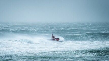 Red Fishing Boat Navigating Rough Seas in Stormy Weather Conditions
