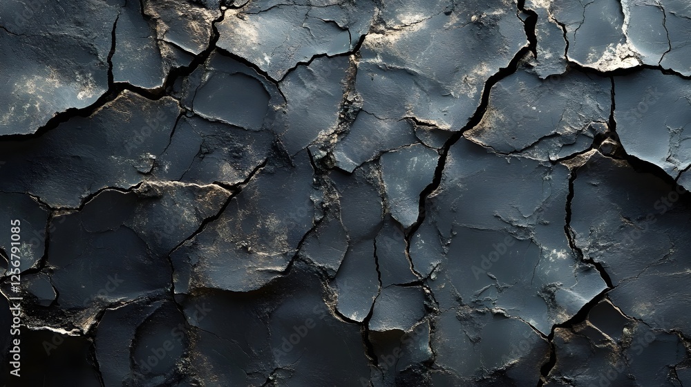 Poster close-up image of dark cracked earth, revealing a intricate texture. deep hues and fractured surface