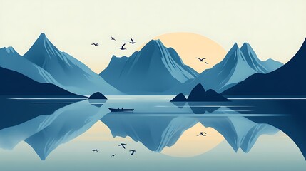 Tranquil lake reflected mountains sunrise