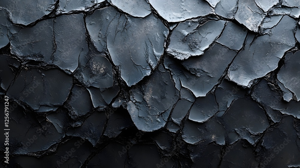 Poster close-up of a dark, cracked texture. abstract shades of black and grey create a visually compelling 