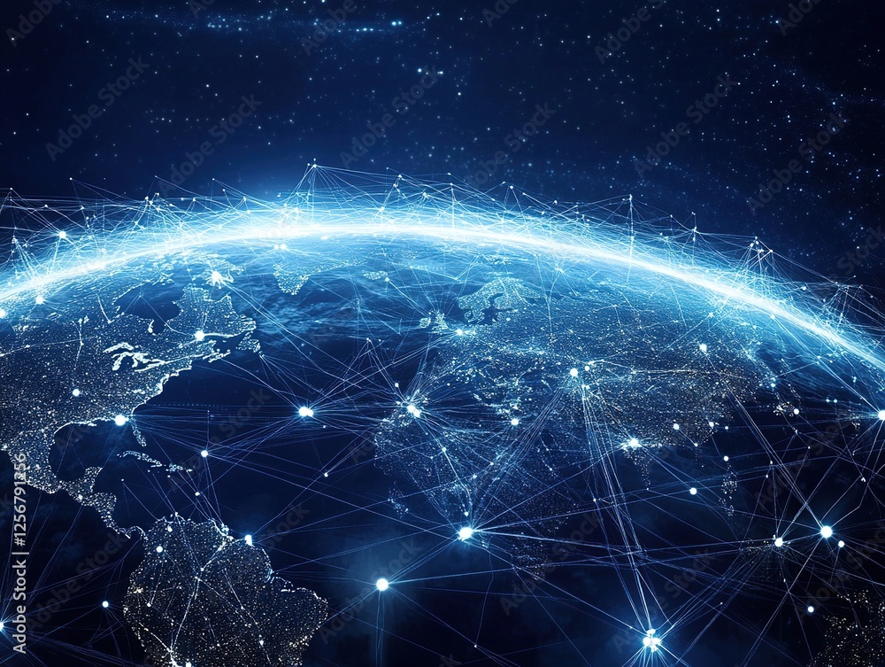 Poster global network: connecting continents through digital pathways, illuminating a world of interconnect
