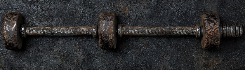 Rusty dumbbell on dark background; fitness, strength, workout concept