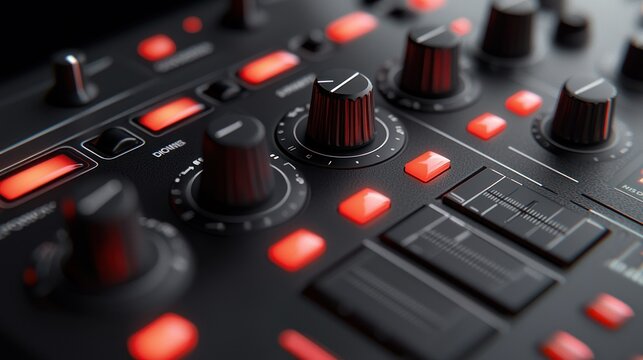 Close-up of audio control panel with glowing red buttons