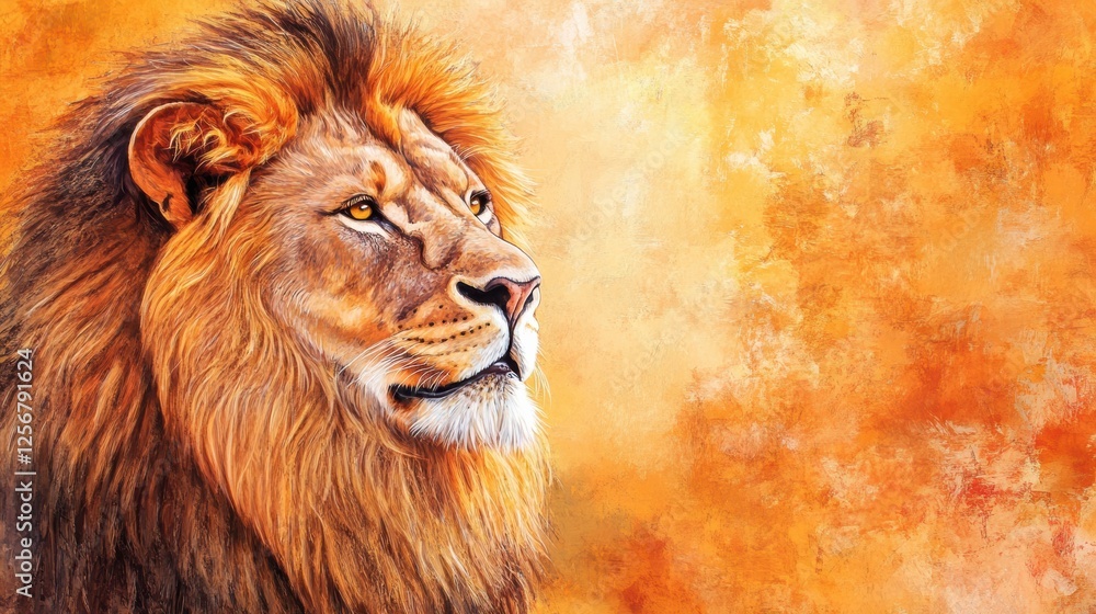 Aufkleber portrait of a regal lion with a glowing golden mane illuminated by sunset light in a vibrant atmosph