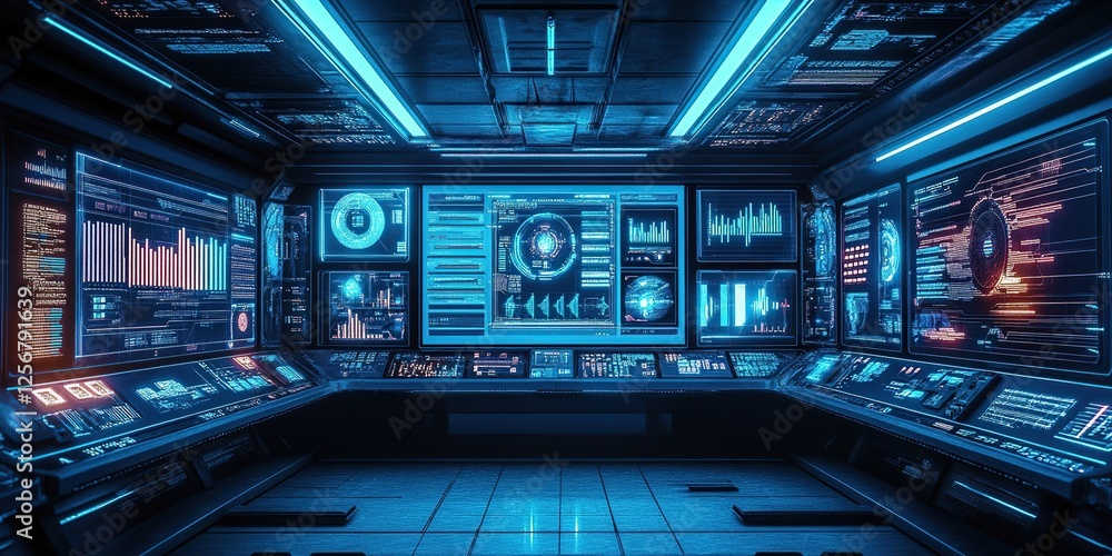 Aufkleber futuristic control room: monitoring data streams with advanced interfaces & displays in a sci-fi set