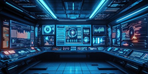 Obraz premium Futuristic Control Room: Monitoring Data Streams with Advanced Interfaces & Displays in a Sci-Fi Setting
