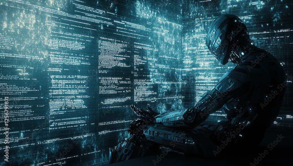 Poster advanced robot decodes complex code mysteriously in a digital world