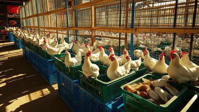 White Chickens in Crates at Poultry Market:  A Day in the Life of a Farm Animal, Observing their Environment