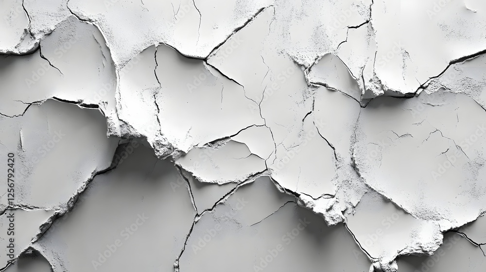 Poster close-up shot of a cracked white surface, showcasing its intricate texture and monochromatic palette