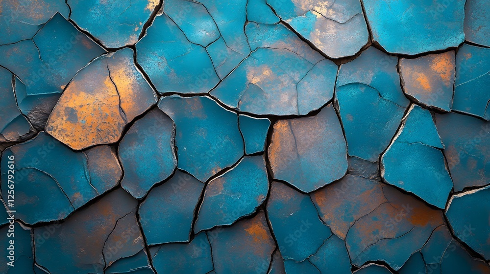 Poster Intriguing close-up shot of a cracked surface, showcasing a blend of teal and copper tones. The intricate details create a visually captivating abstract image. Macro Texture Backgrounds.