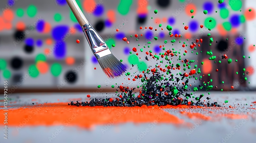 Poster vibrant paint splatter with a brush creating art on a textured surface in a colorful studio