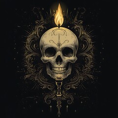 Skull with candle, ornate background, artistic